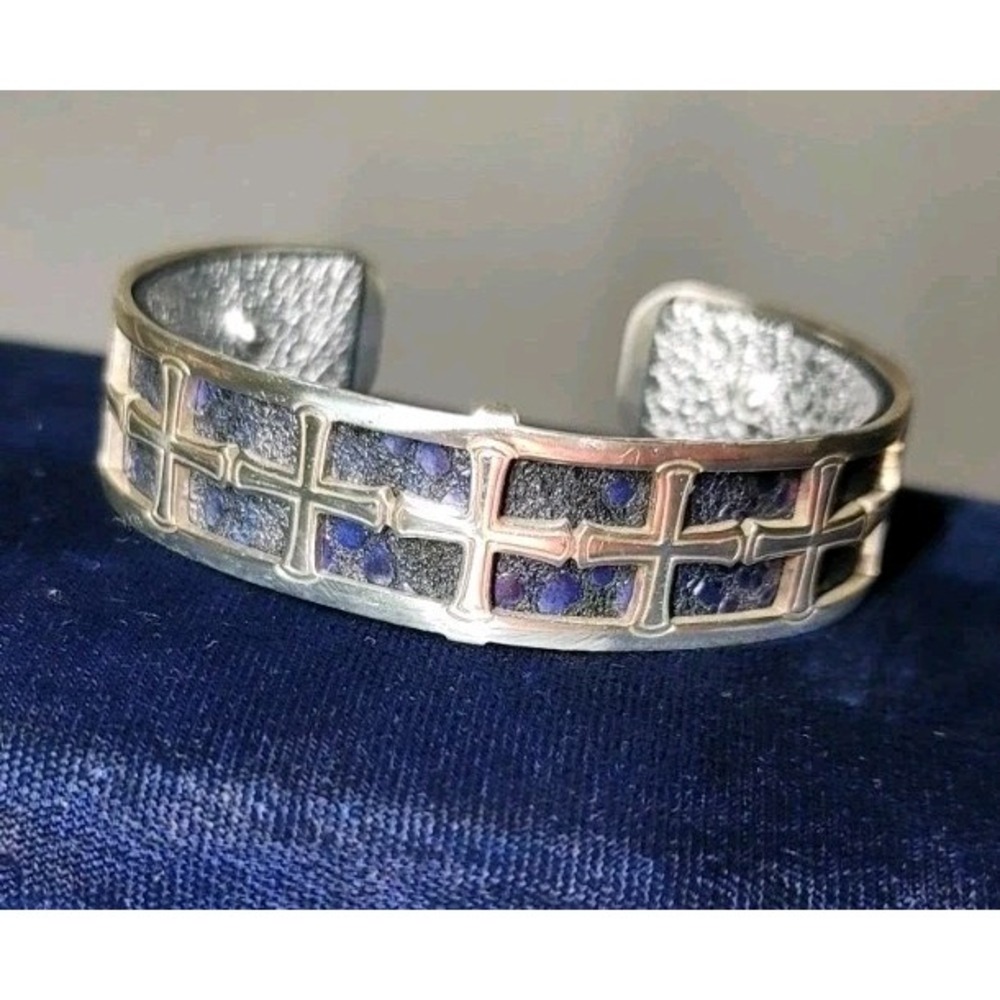 Brighton Christo London‎ Cuff Bracelet Narrow Silver Plate Blue & silver Leather